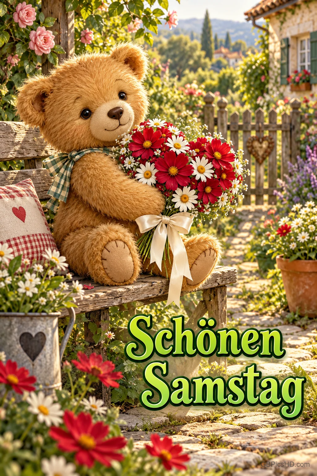 Ein Teddybär mit einem rot-weißen Blumenstrauß sitzt auf einer Bank im blühenden Garten mit "Schönen Samstag". Ein Teddybär mit einem rot-weißen Blumenstrauß sitzt auf einer Bank im blühenden Garten mit "Schönen Samstag".