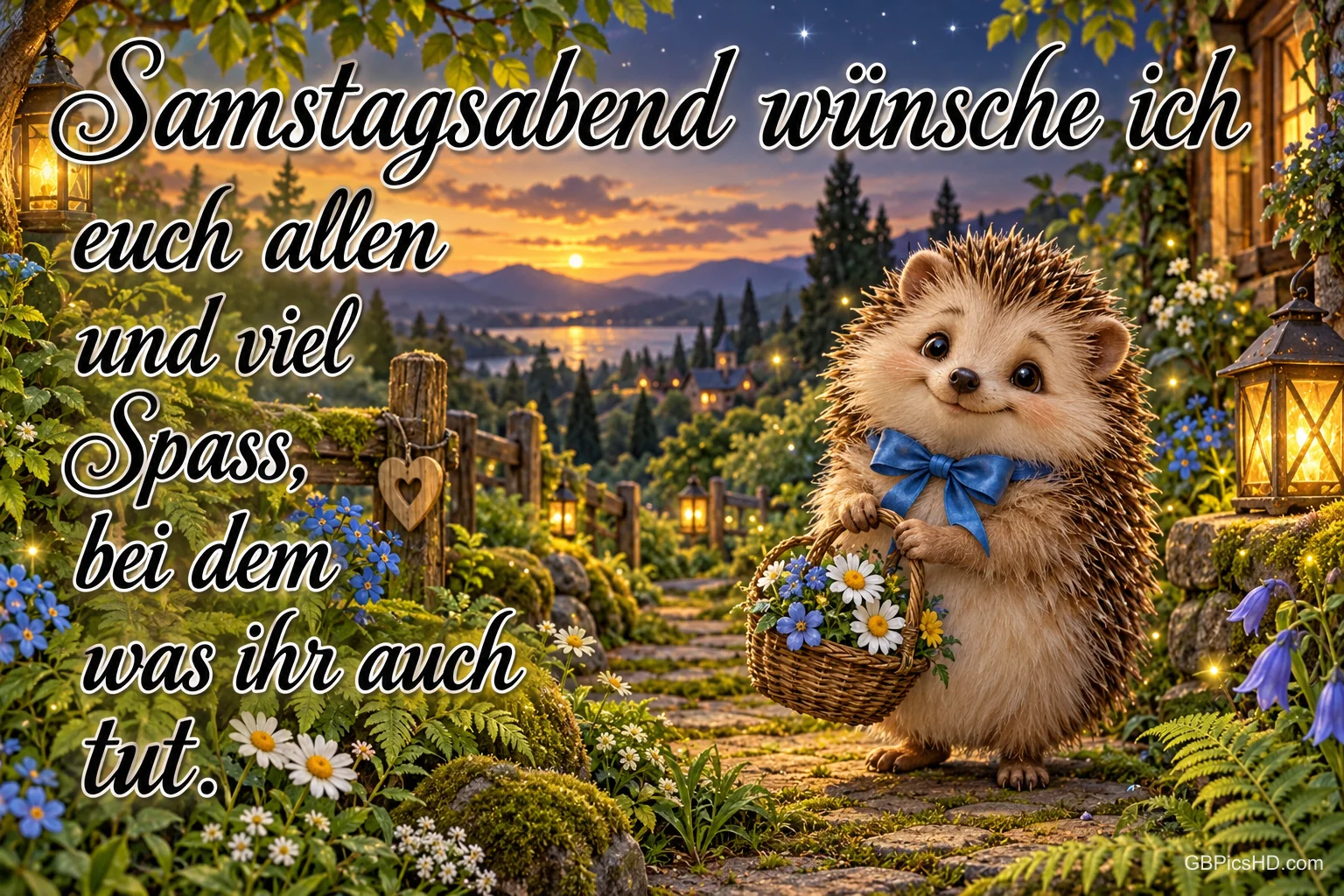 Ein Igel mit Blumenkorb auf einem Gartenweg bei Sonnenuntergang mit "Samstagsabend wünsche ich euch allen und viel Spaß, bei dem was ihr auch tut.". Ein Igel mit Blumenkorb auf einem Gartenweg bei Sonnenuntergang mit "Samstagsabend wünsche ich euch allen und viel Spaß, bei dem was ihr auch tut.".