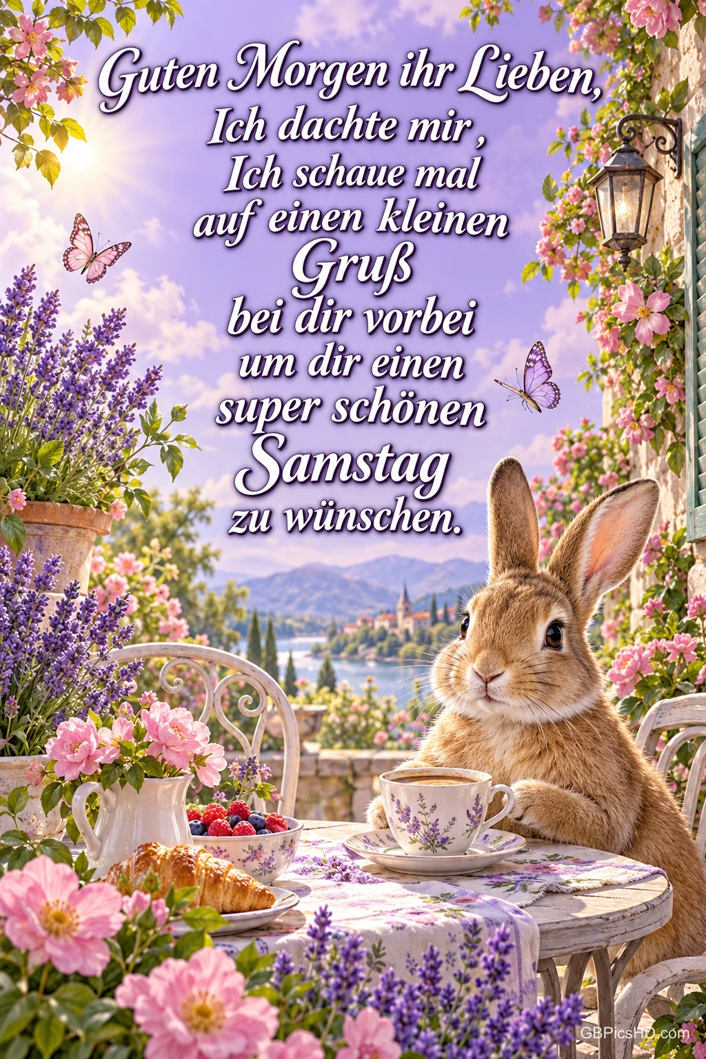 Ein Kaninchen sitzt vor einer Tasse am blumengeschmückten Tisch mit dem Gruß "Guten Morgen ihr Lieben". Ein Kaninchen sitzt vor einer Tasse am blumengeschmückten Tisch mit dem Gruß "Guten Morgen ihr Lieben".