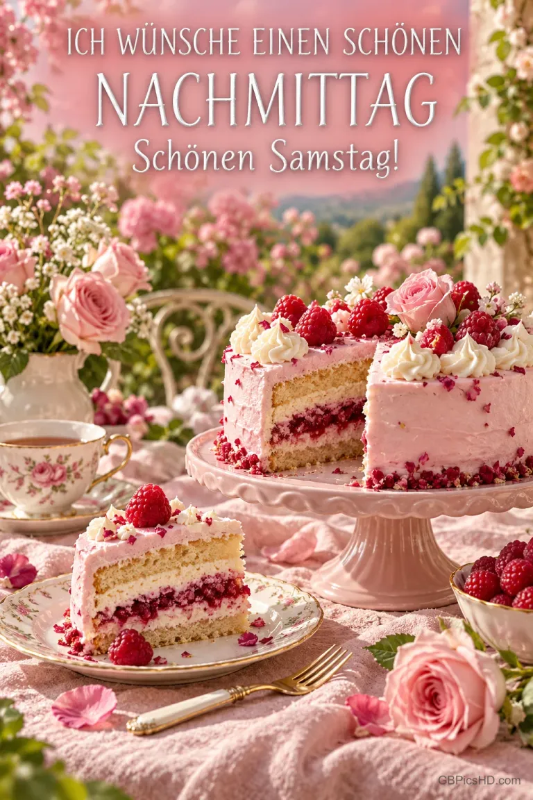 Rosa Himbeertorte, ein Tortenstück, Rosen und eine Teetasse mit "ICH WÜNSCHE EINEN SCHÖNEN NACHMITTAG Schönen Samstag!".