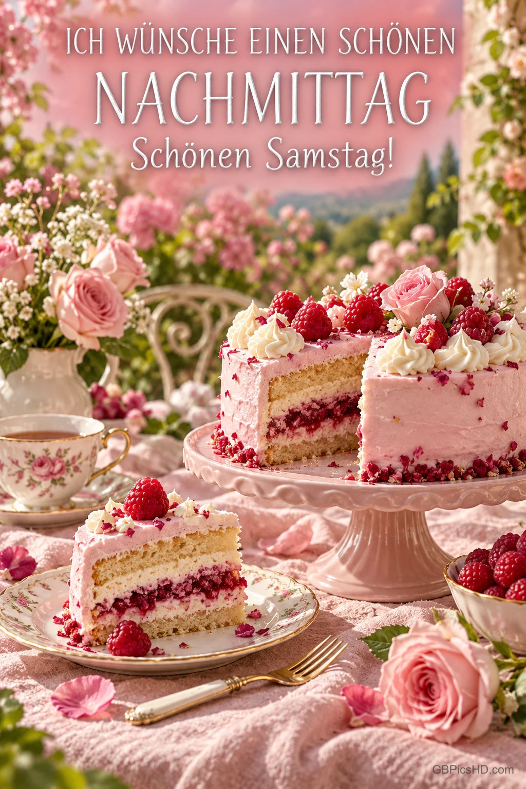 Rosa Himbeertorte, ein Tortenstück, Rosen und eine Teetasse mit "ICH WÜNSCHE EINEN SCHÖNEN NACHMITTAG Schönen Samstag!". Rosa Himbeertorte, ein Tortenstück, Rosen und eine Teetasse mit "ICH WÜNSCHE EINEN SCHÖNEN NACHMITTAG Schönen Samstag!".