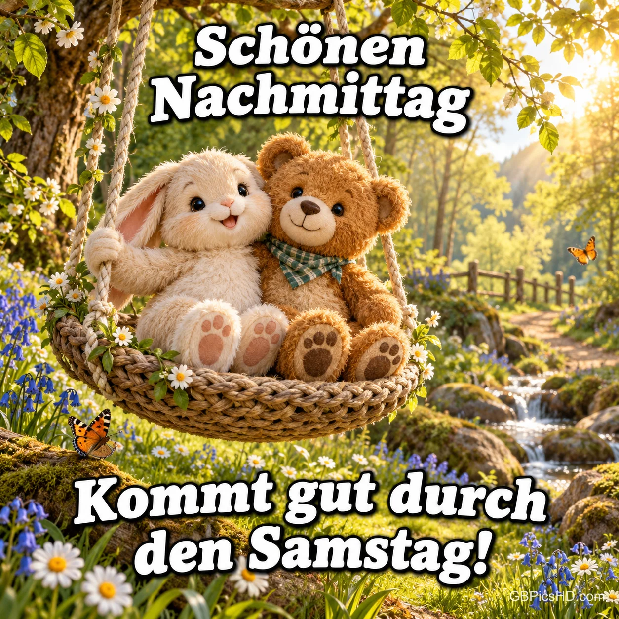 Ein Plüschhase und ein Teddybär sitzen auf einer Blumenschaukel am Bach unter dem Gruß "Schönen Nachmittag". Ein Plüschhase und ein Teddybär sitzen auf einer Blumenschaukel am Bach unter dem Gruß "Schönen Nachmittag".