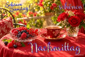 Eine rote Teetasse, eine Schale Beeren und rote Rosen stehen auf einem roten Gartentisch mit dem Gruß "Schönen Samstag!".
