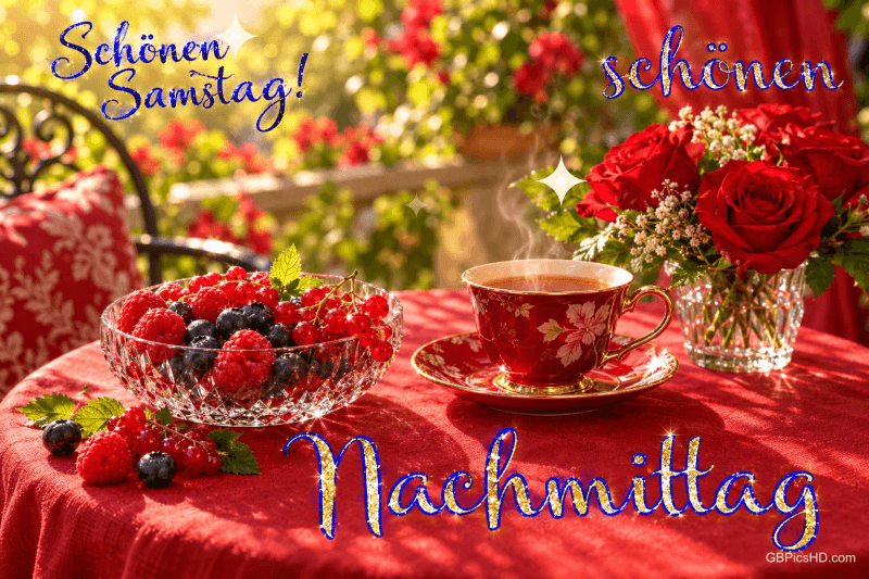 Eine rote Teetasse, eine Schale Beeren und rote Rosen stehen auf einem roten Gartentisch mit dem Gruß "Schönen Samstag!". Eine rote Teetasse, eine Schale Beeren und rote Rosen stehen auf einem roten Gartentisch mit dem Gruß "Schönen Samstag!".