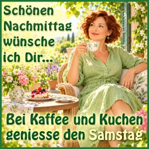Eine rothaarige Frau im grünen Kleid hält eine Tasse neben Blumen und Kuchen; links steht "Schönen Nachmittag wünsche ich Dir...".