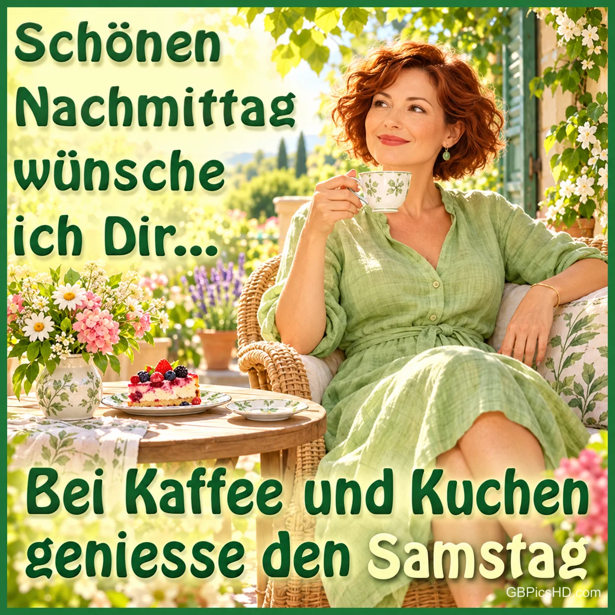 Eine rothaarige Frau im grünen Kleid hält eine Tasse neben Blumen und Kuchen; links steht "Schönen Nachmittag wünsche ich Dir...". Eine rothaarige Frau im grünen Kleid hält eine Tasse neben Blumen und Kuchen; links steht "Schönen Nachmittag wünsche ich Dir...".