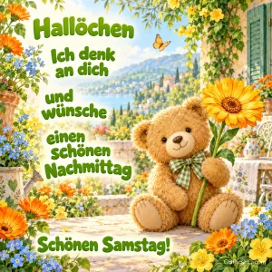 Ein Teddybär mit karierter Schleife hält eine große orange Blume auf einer Terrasse über einem See; darunter steht "Schönen Samstag!".