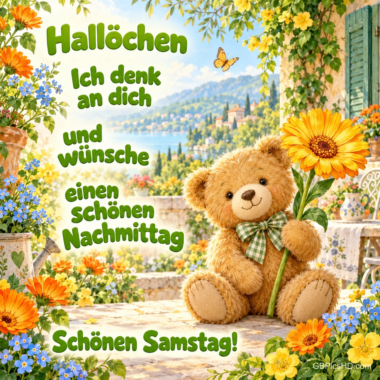 Ein Teddybär mit karierter Schleife hält eine große orange Blume auf einer Terrasse über einem See; darunter steht "Schönen Samstag!". Ein Teddybär mit karierter Schleife hält eine große orange Blume auf einer Terrasse über einem See; darunter steht "Schönen Samstag!".