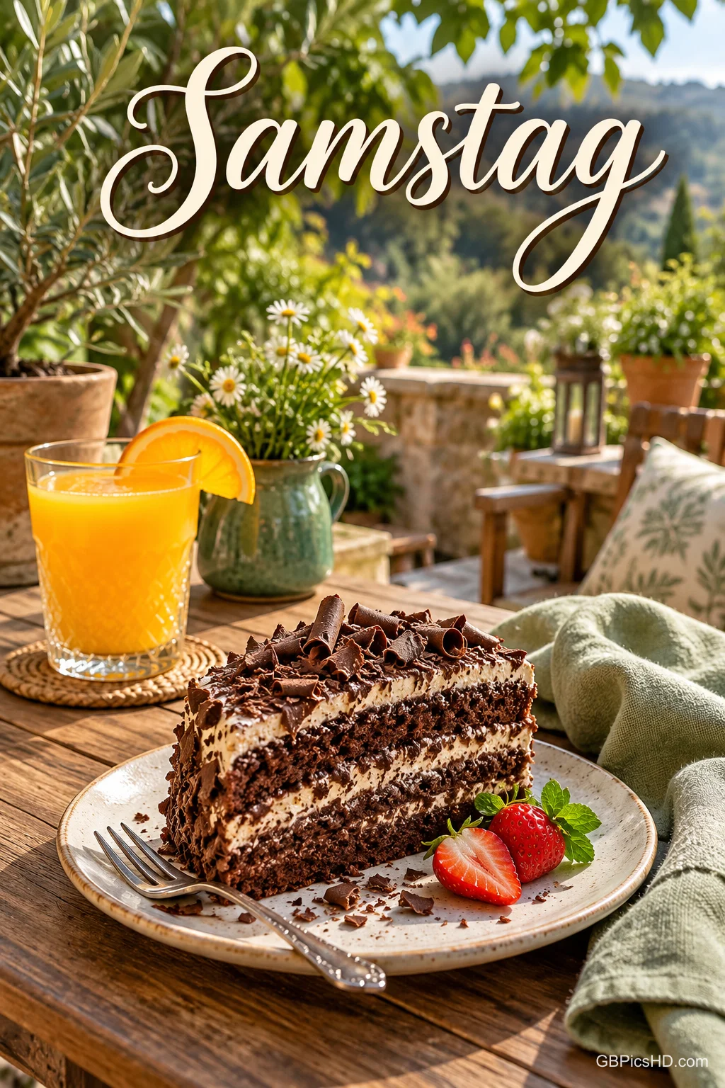 Schokoladentorte mit Erdbeeren, ein Glas Orangensaft und eine Blumenvase stehen auf einem Gartentisch unter dem Schriftzug "Samstag". Schokoladentorte mit Erdbeeren, ein Glas Orangensaft und eine Blumenvase stehen auf einem Gartentisch unter dem Schriftzug "Samstag".