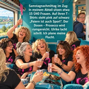 Lachende Frauen in schwarzen T-Shirts heben Getränkedosen im Zug, ein Mann schaut zurück; darüber steht "Samstagnachmittag im Zug:".