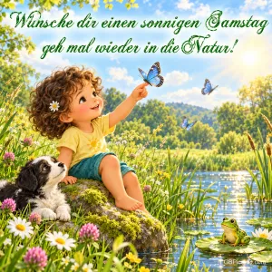 Ein Kind mit Welpen sitzt am Teich und streckt die Hand zu einem Schmetterling aus; oben steht "Wünsche dir einen sonnigen Samstag".