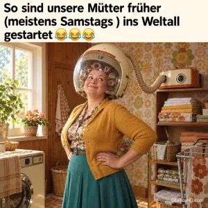 Eine Frau mit Lockenwicklern unter einer Trockenhaube; darüber: "So sind unsere Mütter früher (meistens samstags) ins Weltall gestartet 😂😂😂".