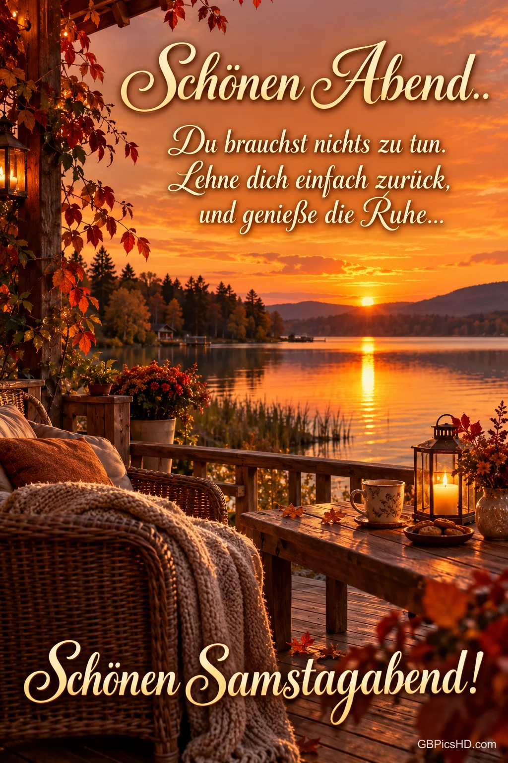 Gemütliche Terrasse mit Korbsessel, Wolldecke und Laterne über einem See im goldenen Sonnenuntergang, umrahmt von Herbstlaub, dazu ein ruhiger Gruß zum Samstagabend Gemütliche Terrasse mit Korbsessel, Wolldecke und Laterne über einem See im goldenen Sonnenuntergang, umrahmt von Herbstlaub, dazu ein ruhiger Gruß zum Samstagabend