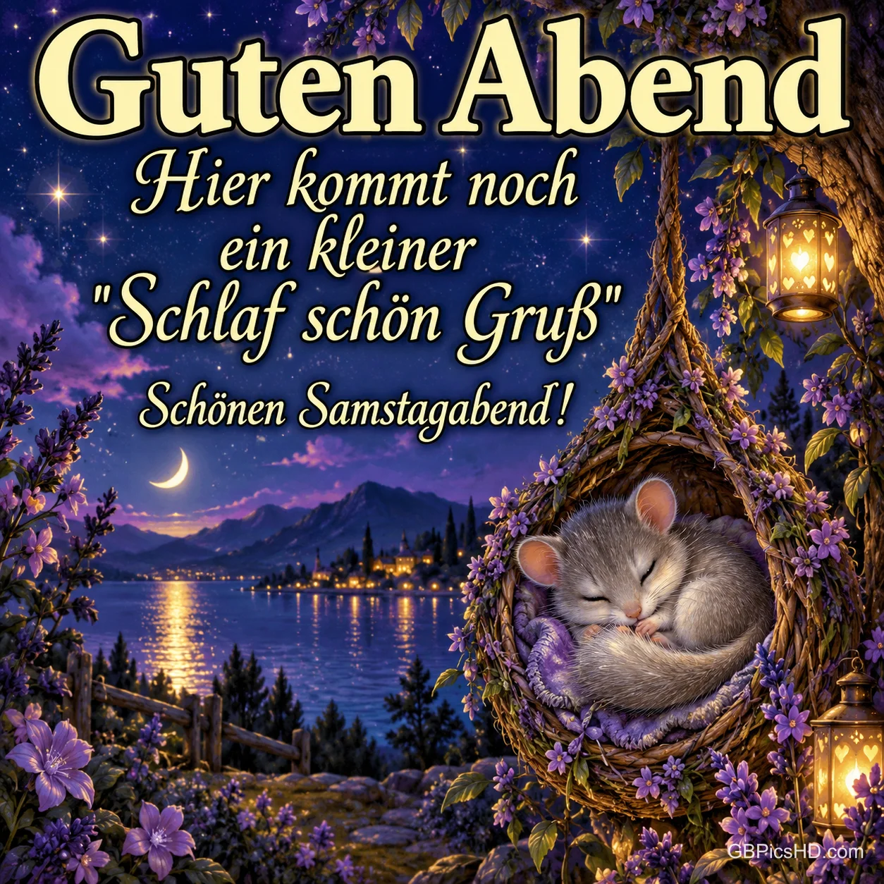 Kleine Maus schläft eingekuschelt in einem hängenden Nest aus Zweigen und Blüten, dahinter ein nächtlicher See mit Mondsichel, dazu ein Schlaf-schön-Gruß Kleine Maus schläft eingekuschelt in einem hängenden Nest aus Zweigen und Blüten, dahinter ein nächtlicher See mit Mondsichel, dazu ein Schlaf-schön-Gruß