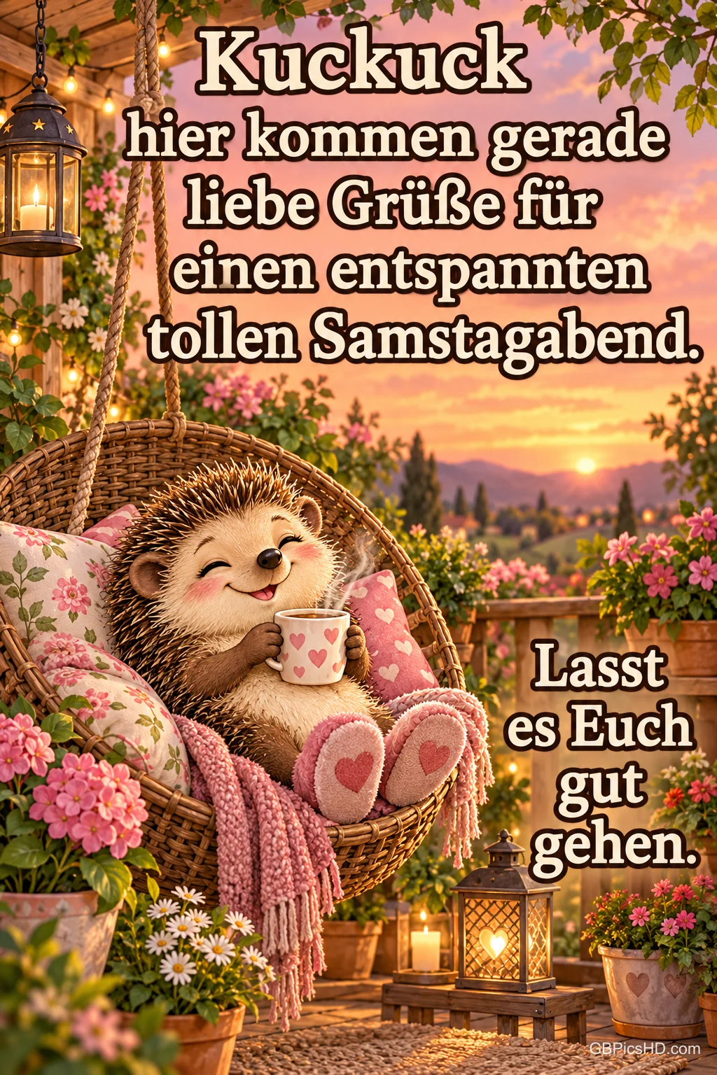 Lächelnder Igel mit Tasse entspannt in einem gepolsterten Hängesessel auf einer blumengeschmückten Terrasse bei Sonnenuntergang, dazu liebe Grüße zum Samstagabend Lächelnder Igel mit Tasse entspannt in einem gepolsterten Hängesessel auf einer blumengeschmückten Terrasse bei Sonnenuntergang, dazu liebe Grüße zum Samstagabend