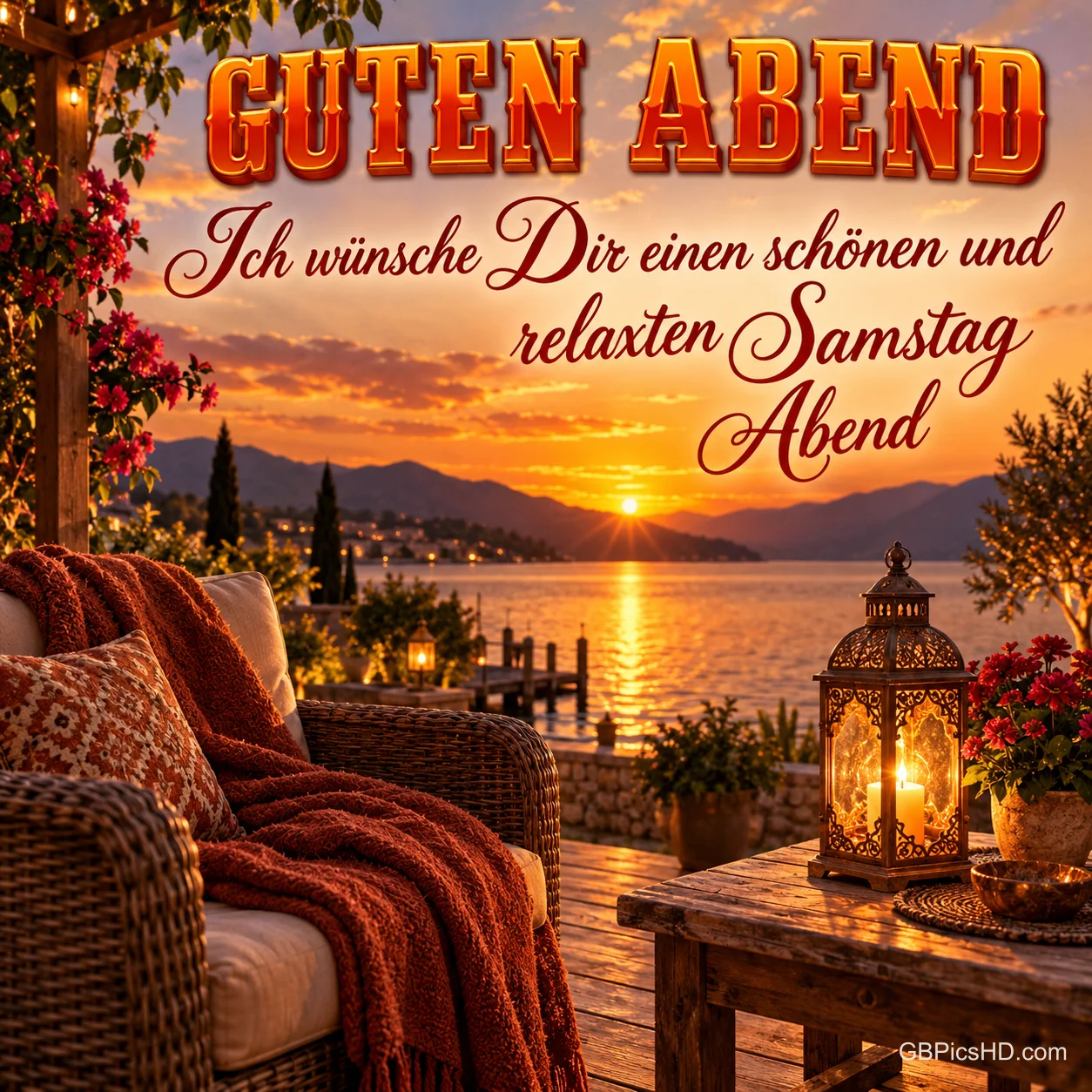 Gemütliche Terrasse mit Korbsessel, roter Decke und leuchtender Laterne am See, die Sonne geht hinter Bergen unter, dazu ein relaxter Abendgruß zum Samstag Gemütliche Terrasse mit Korbsessel, roter Decke und leuchtender Laterne am See, die Sonne geht hinter Bergen unter, dazu ein relaxter Abendgruß zum Samstag