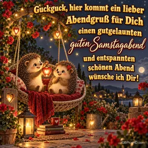 Zwei verliebte Igel sitzen mit einer Herzlaterne auf einer gepolsterten Hollywoodschaukel zwischen roten Blumen und Lichterketten, dazu ein fröhlicher Abendgruß zum Samstag