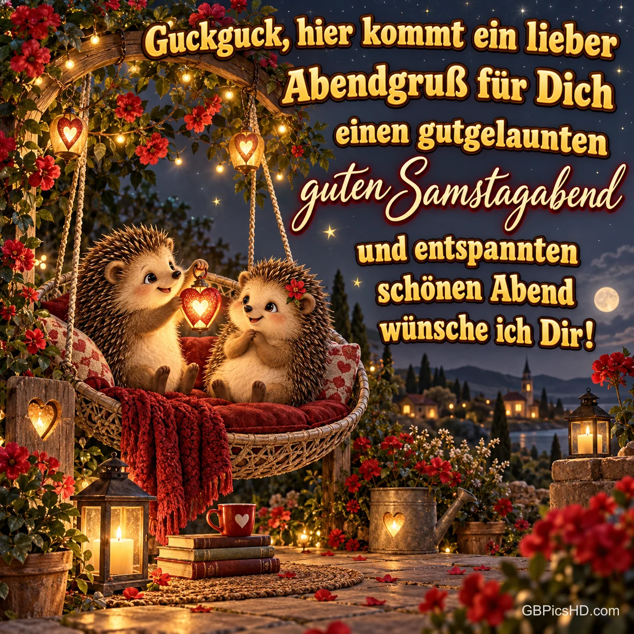 Zwei verliebte Igel sitzen mit einer Herzlaterne auf einer gepolsterten Hollywoodschaukel zwischen roten Blumen und Lichterketten, dazu ein fröhlicher Abendgruß zum Samstag Zwei verliebte Igel sitzen mit einer Herzlaterne auf einer gepolsterten Hollywoodschaukel zwischen roten Blumen und Lichterketten, dazu ein fröhlicher Abendgruß zum Samstag