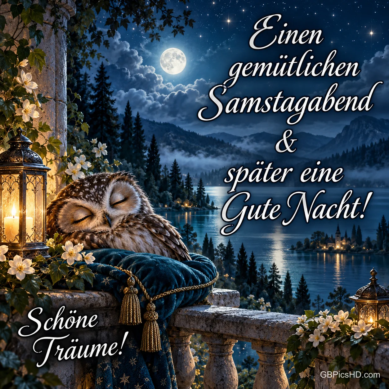 Eule schläft auf einem Samtkissen an einer steinernen Balustrade mit Laterne und Blüten, dahinter ein mondbeschienener See zwischen Tannen, dazu ein Gute-Nacht-Gruß Eule schläft auf einem Samtkissen an einer steinernen Balustrade mit Laterne und Blüten, dahinter ein mondbeschienener See zwischen Tannen, dazu ein Gute-Nacht-Gruß