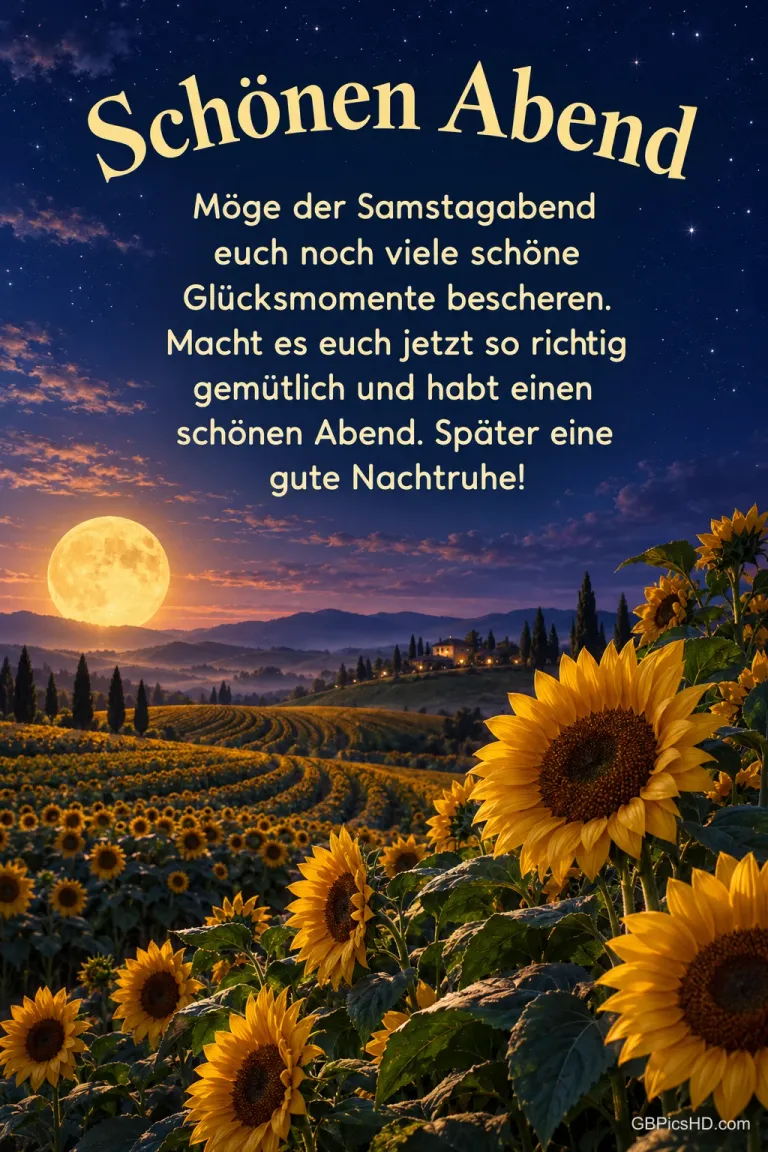 Sonnenblumenfeld in sanften Hügeln unter einem gelben Vollmond am Abendhimmel, darüber ein langer Abendgruß mit Wünschen für viele Glücksmomente am Samstagabend