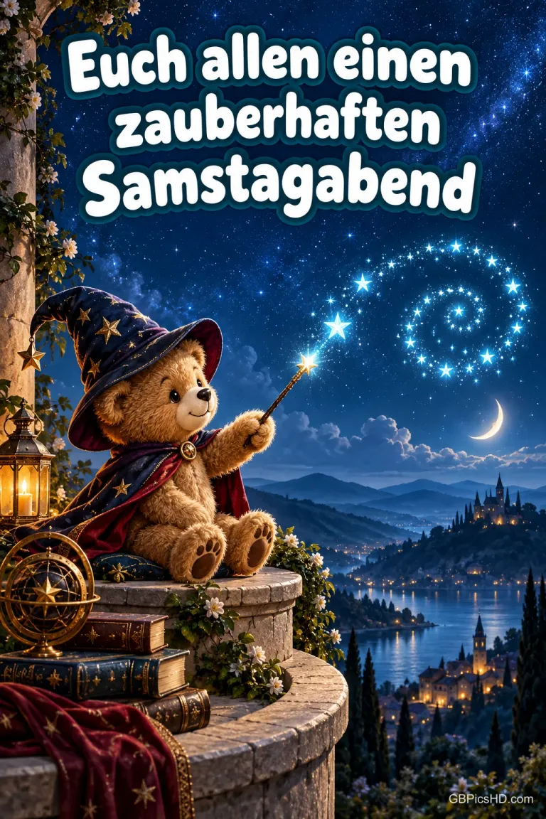 Teddybär als Zauberer mit Sternenhut sitzt auf einem Turm und zaubert eine funkelnde Sternenspirale über ein nächtliches Tal mit Burg und Mondsichel