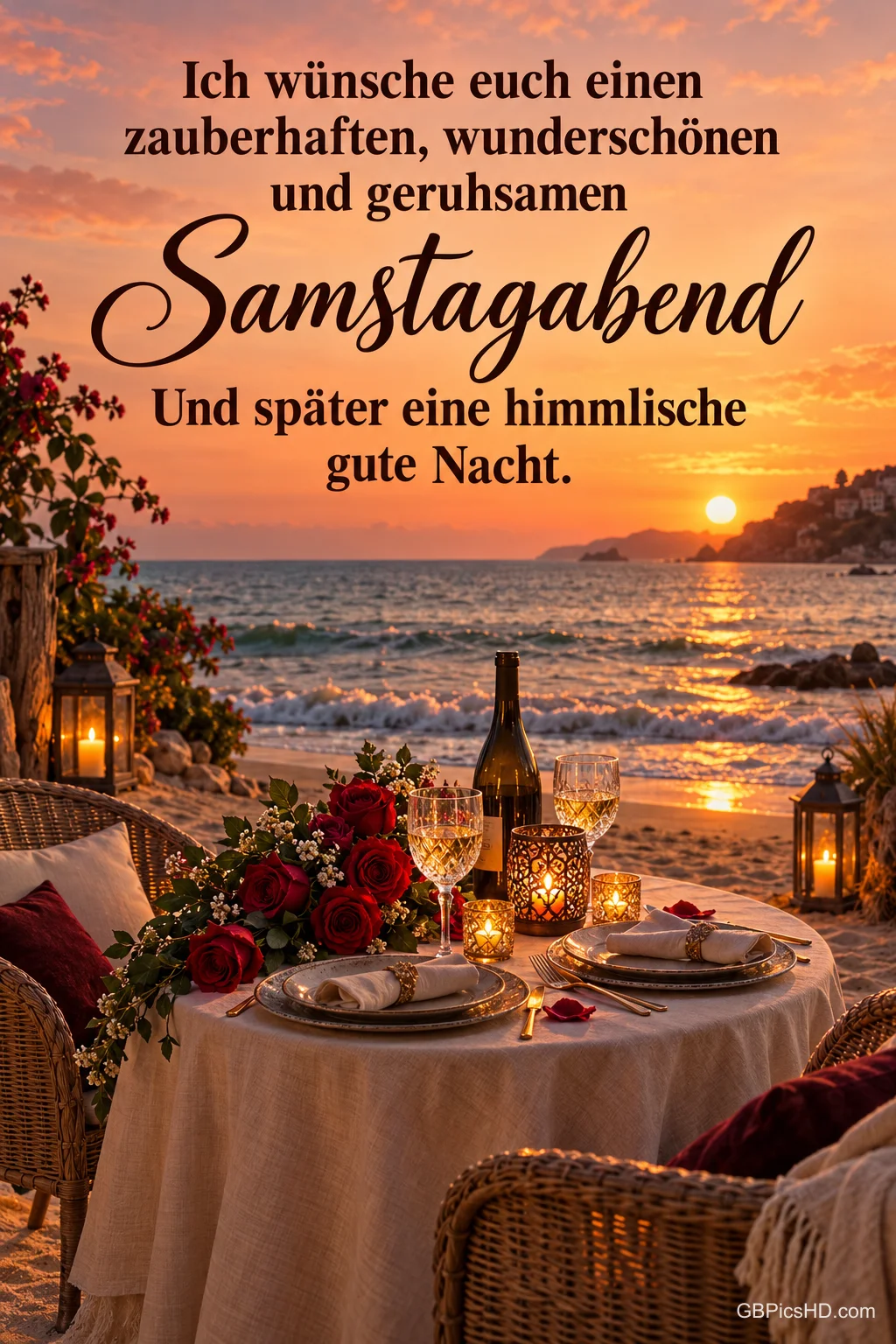 Romantisch gedeckter Tisch am Strand mit roten Rosen, Wein, Kerzen und Laternen bei farbenprächtigem Sonnenuntergang über dem Meer, dazu ein Gruß zum Samstagabend Romantisch gedeckter Tisch am Strand mit roten Rosen, Wein, Kerzen und Laternen bei farbenprächtigem Sonnenuntergang über dem Meer, dazu ein Gruß zum Samstagabend