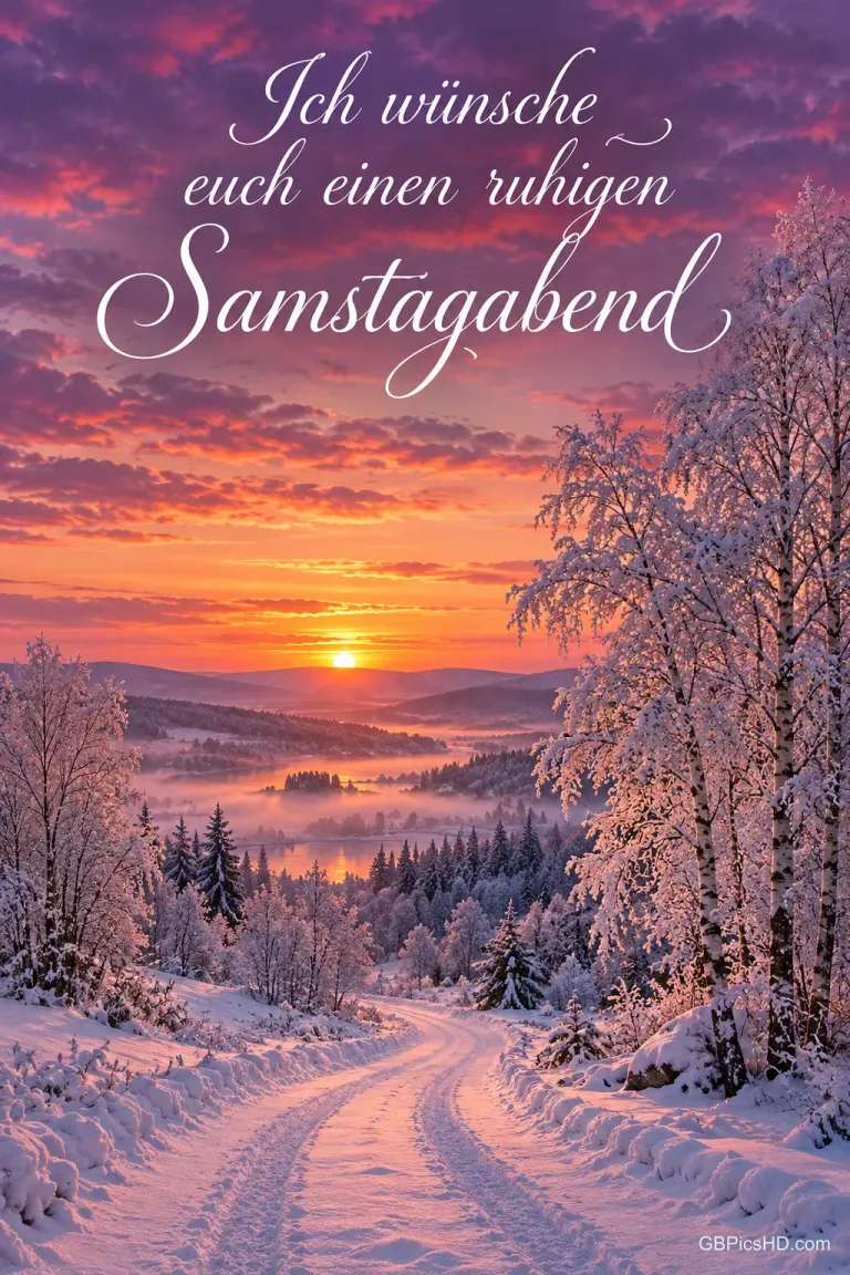 Verschneiter Weg durch eine Winterlandschaft mit frostigen Bäumen, die Sonne geht an einem rosa-violetten Himmel unter, darüber ein ruhiger Samstagabendgruß