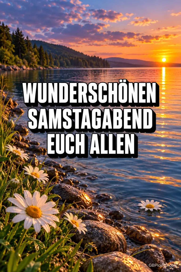 Weiße Gänseblümchen am steinigen Seeufer, das Wasser glitzert im Licht der untergehenden Sonne hinter bewaldeten Hügeln, mittig ein großer Gruß zum Samstagabend