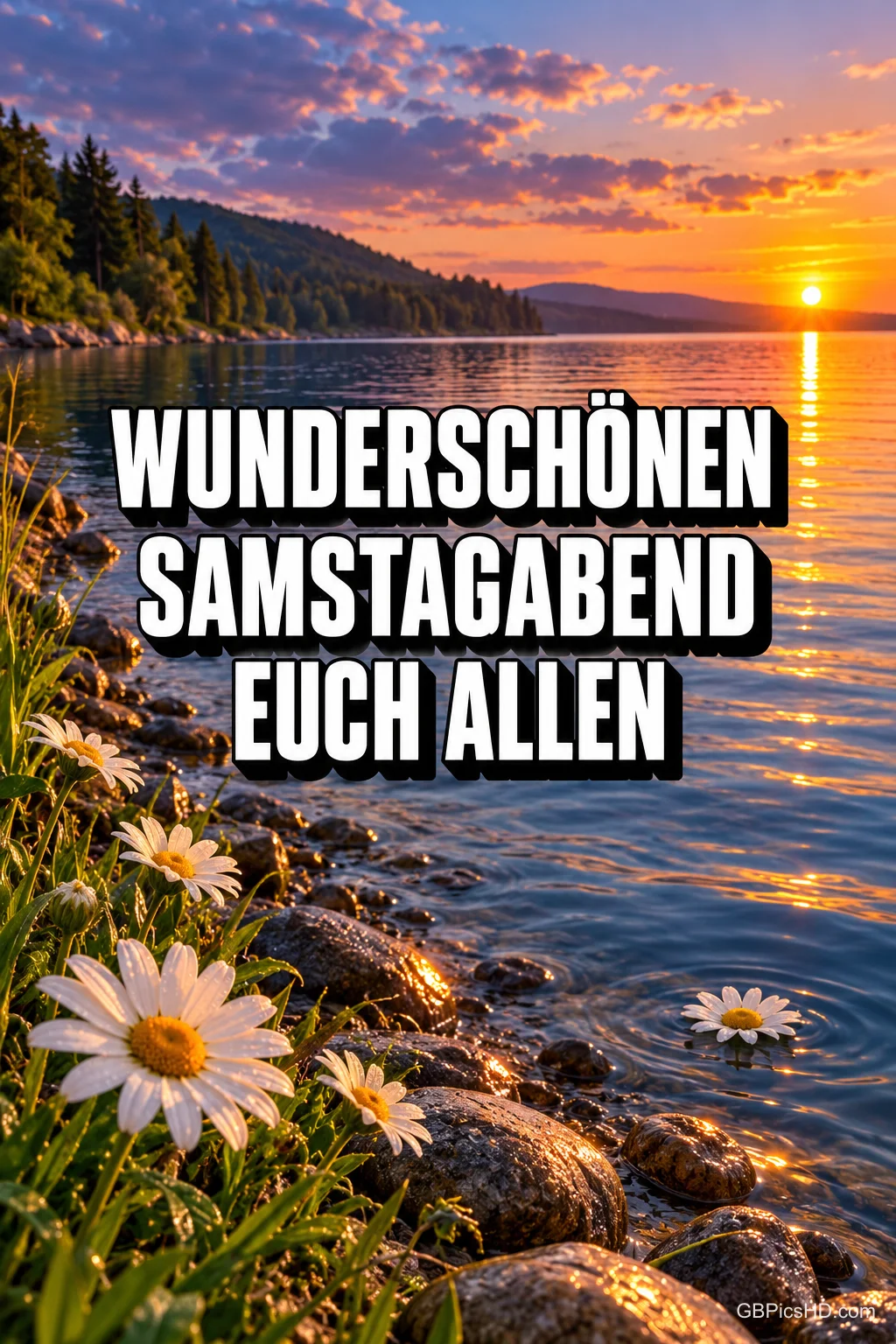Weiße Gänseblümchen am steinigen Seeufer, das Wasser glitzert im Licht der untergehenden Sonne hinter bewaldeten Hügeln, mittig ein großer Gruß zum Samstagabend Weiße Gänseblümchen am steinigen Seeufer, das Wasser glitzert im Licht der untergehenden Sonne hinter bewaldeten Hügeln, mittig ein großer Gruß zum Samstagabend