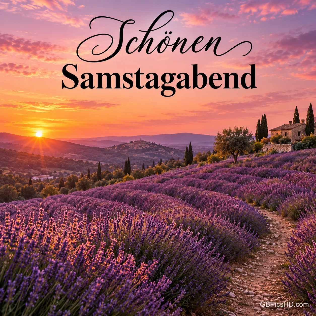 Blühendes Lavendelfeld an einem Hang mit Feldweg, Zypressen und Landhaus im Licht der untergehenden Sonne, darüber der Gruß Schönen Samstagabend Blühendes Lavendelfeld an einem Hang mit Feldweg, Zypressen und Landhaus im Licht der untergehenden Sonne, darüber der Gruß Schönen Samstagabend