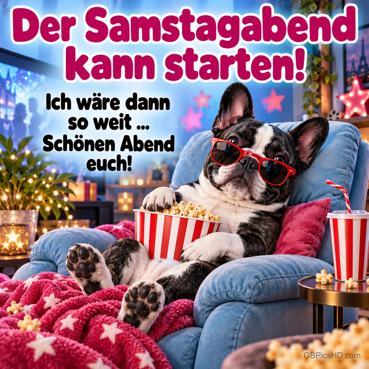 Französische Bulldogge mit roter Sonnenbrille liegt mit Popcorn und Getränk im Sessel unter einer Sternendecke, bereit für den Filmabend am Samstag Französische Bulldogge mit roter Sonnenbrille liegt mit Popcorn und Getränk im Sessel unter einer Sternendecke, bereit für den Filmabend am Samstag