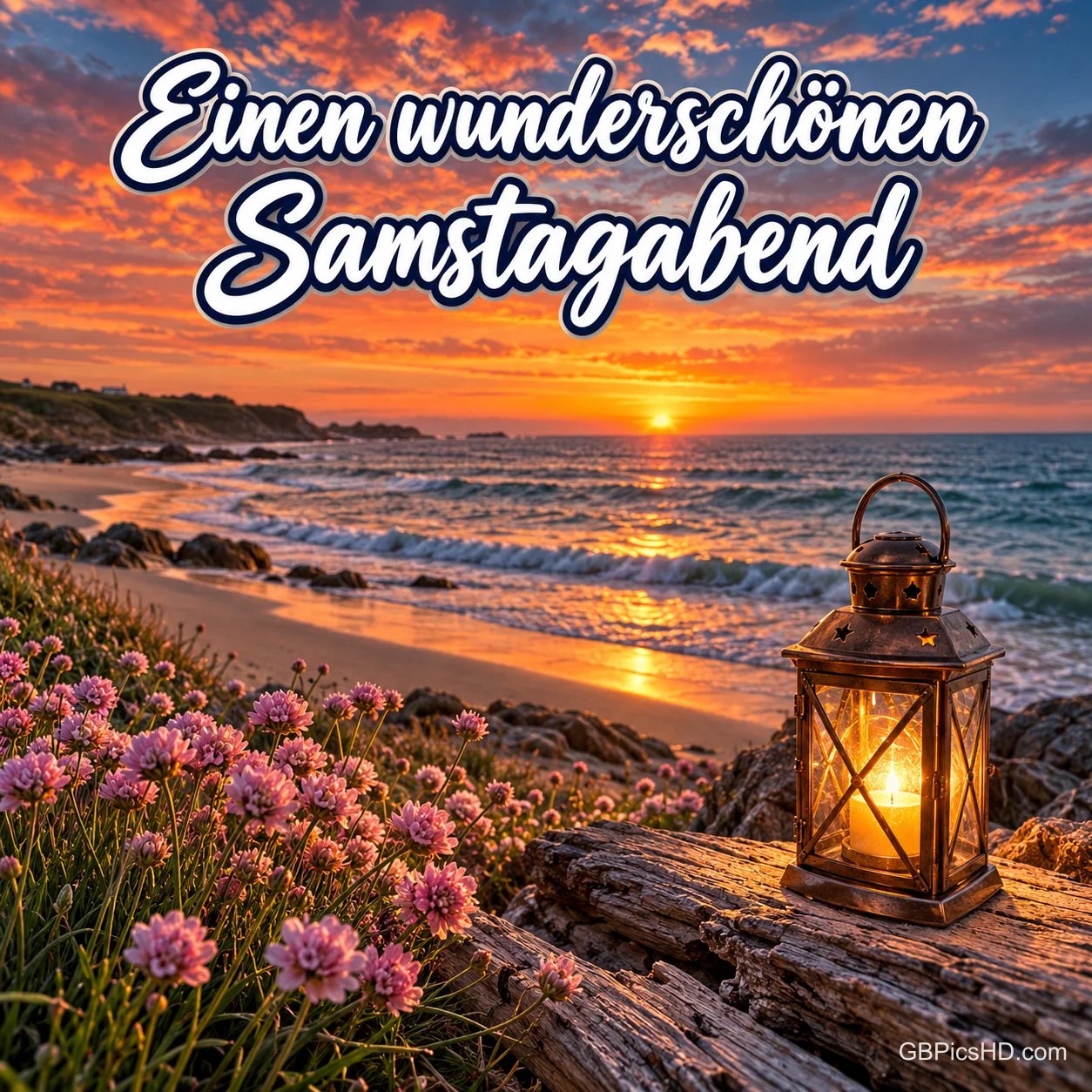 Leuchtende Laterne auf Treibholz zwischen rosa Strandnelken an einer felsigen Küste, die Sonne versinkt farbenprächtig im Meer, darüber ein Samstagabendgruß Leuchtende Laterne auf Treibholz zwischen rosa Strandnelken an einer felsigen Küste, die Sonne versinkt farbenprächtig im Meer, darüber ein Samstagabendgruß