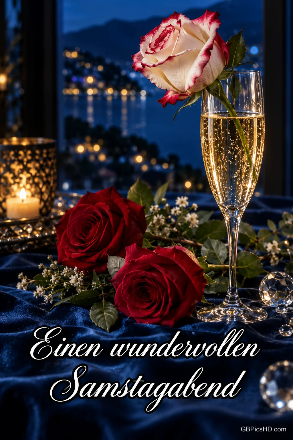 Weiße Rose mit roten Rändern über einem Sektglas, davor rote Rosen und Kerzen auf blauem Samt, im Hintergrund nächtliche Lichter am Wasser Weiße Rose mit roten Rändern über einem Sektglas, davor rote Rosen und Kerzen auf blauem Samt, im Hintergrund nächtliche Lichter am Wasser