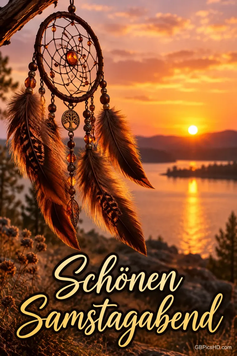Traumfänger mit Federn und Perlen hängt an einem Ast vor einem See, über dem die Sonne orange leuchtend untergeht, unten der Gruß in Schreibschrift