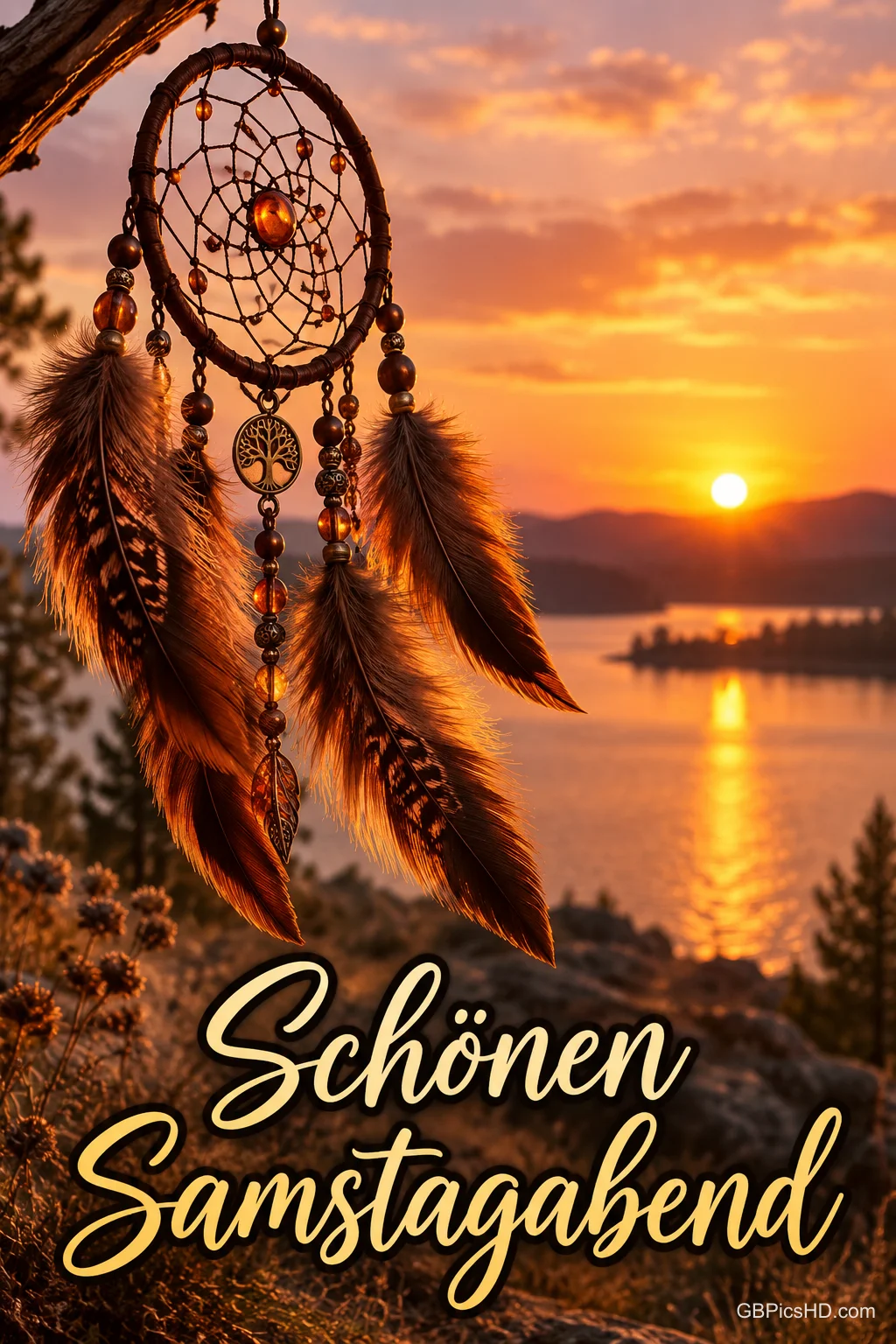 Traumfänger mit Federn und Perlen hängt an einem Ast vor einem See, über dem die Sonne orange leuchtend untergeht, unten der Gruß in Schreibschrift Traumfänger mit Federn und Perlen hängt an einem Ast vor einem See, über dem die Sonne orange leuchtend untergeht, unten der Gruß in Schreibschrift