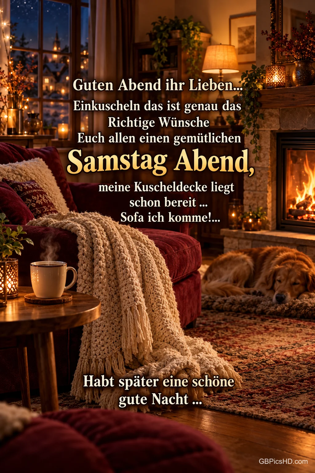 Gemütliches Wohnzimmer am Abend mit rotem Sofa, gestrickter Kuscheldecke, dampfender Tasse, Kaminfeuer und schlafendem Hund auf dem Teppich, dazu ein Gruß zum Samstagabend Gemütliches Wohnzimmer am Abend mit rotem Sofa, gestrickter Kuscheldecke, dampfender Tasse, Kaminfeuer und schlafendem Hund auf dem Teppich, dazu ein Gruß zum Samstagabend