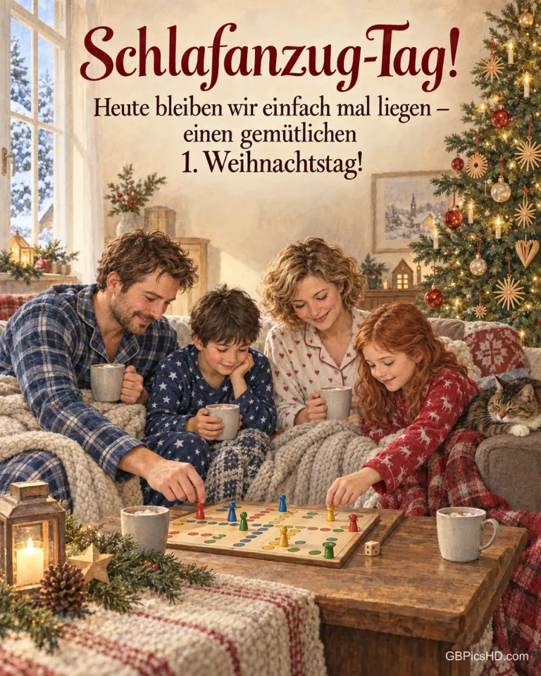 Eine Familie im Schlafanzug spielt unter Decken auf dem Sofa ein Brettspiel, daneben der Weihnachtsbaum und eine Katze, dazu „Schlafanzug-Tag!“.
