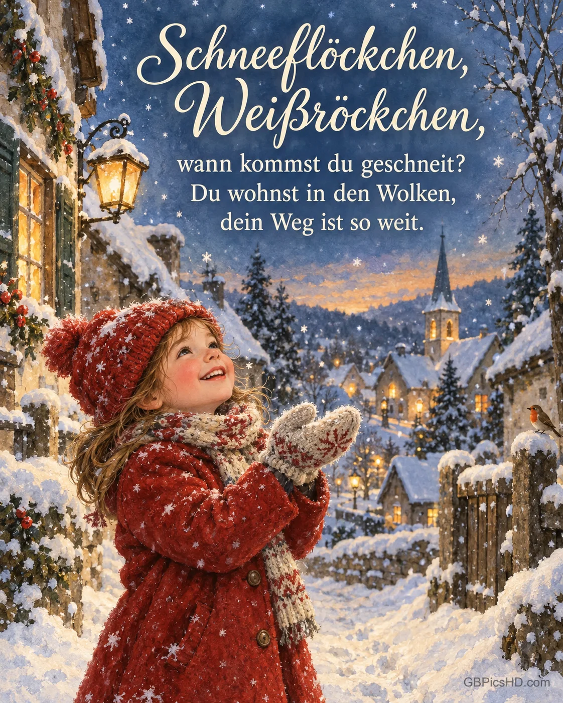 Ein lachendes Mädchen in rotem Wintermantel fängt in einer verschneiten Dorfstraße in der Abenddämmerung Schneeflocken, dazu "Schneeflöckchen, Weißröckchen".