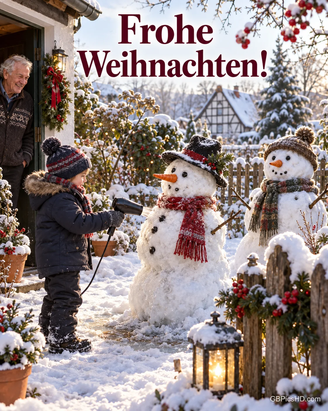 Ein Kind richtet zum Spaß einen Föhn auf einen Schneemann im verschneiten Garten, der Opa schaut amüsiert aus der Haustür zu, dazu „Frohe Weihnachten!“.
