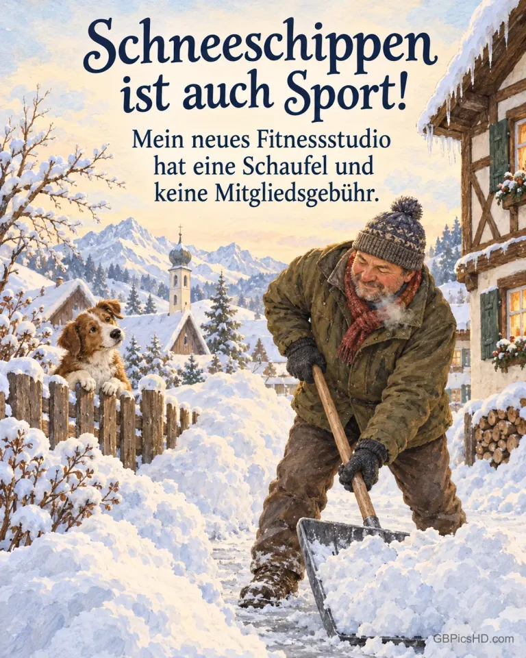 Ein Mann schippt vor einem Fachwerkhaus in einem verschneiten bayerischen Dorf Schnee, der Nachbarshund schaut amüsiert zu, dazu "Schneeschippen ist auch Sport!".
