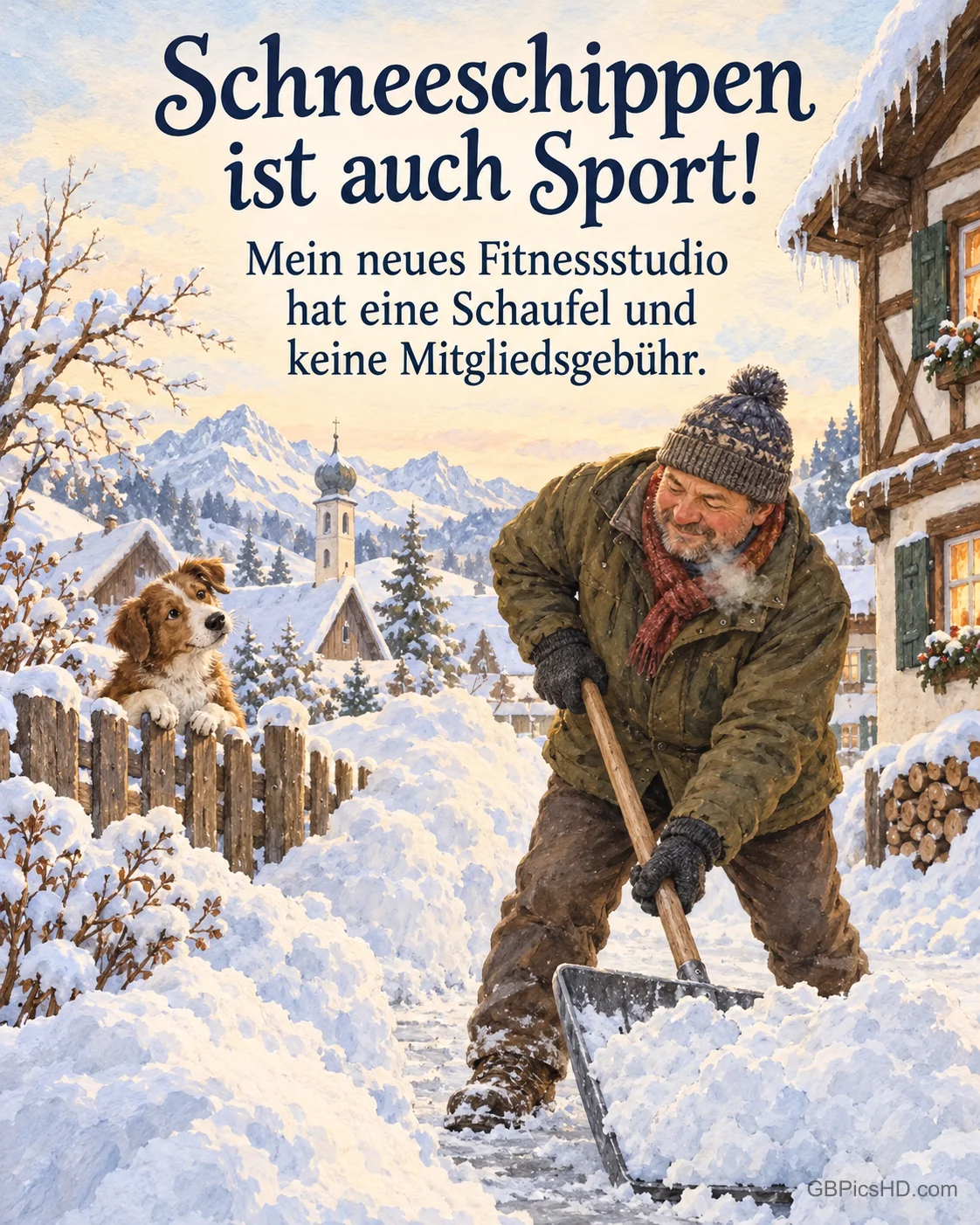 Ein Mann schippt vor einem Fachwerkhaus in einem verschneiten bayerischen Dorf Schnee, der Nachbarshund schaut amüsiert zu, dazu "Schneeschippen ist auch Sport!".