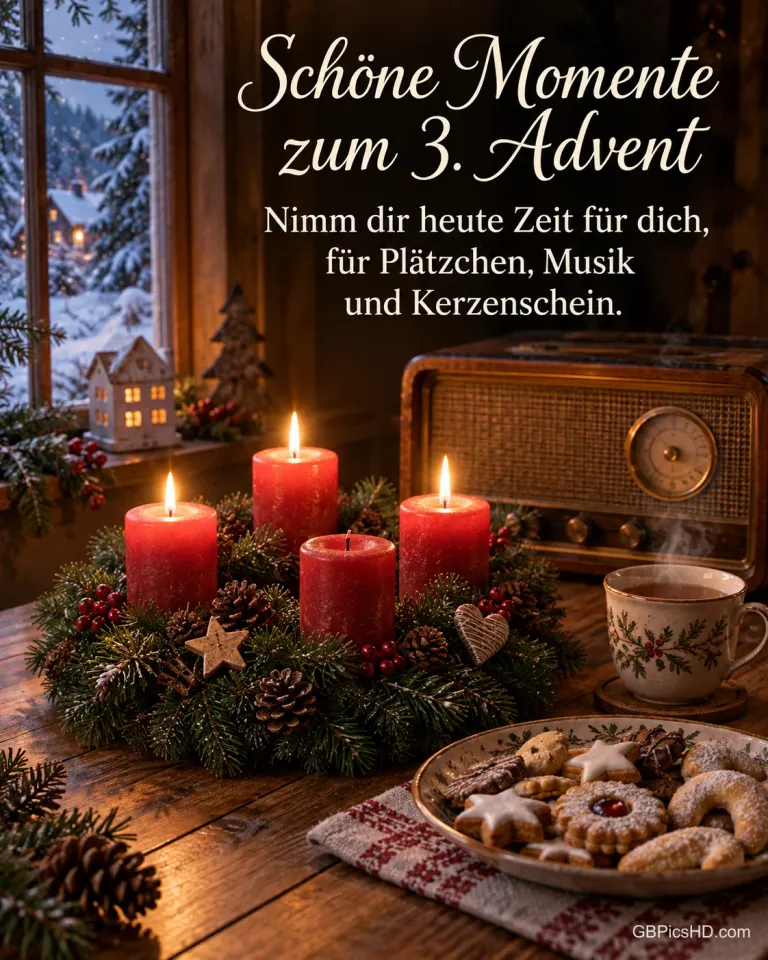 Ein Adventskranz mit drei brennenden Kerzen auf einem Holztisch mit Plätzchen, Tee und einem alten Radio, dazu "Schöne Momente zum 3. Advent".