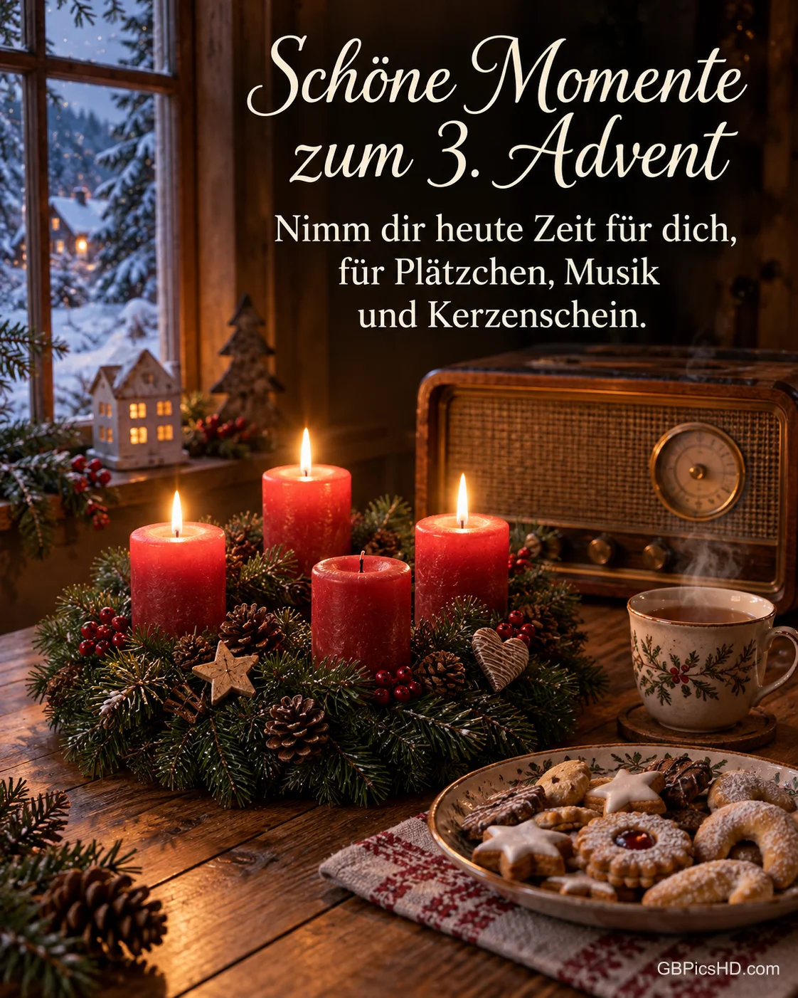 Ein Adventskranz mit drei brennenden Kerzen auf einem Holztisch mit Plätzchen, Tee und einem alten Radio, dazu "Schöne Momente zum 3. Advent".