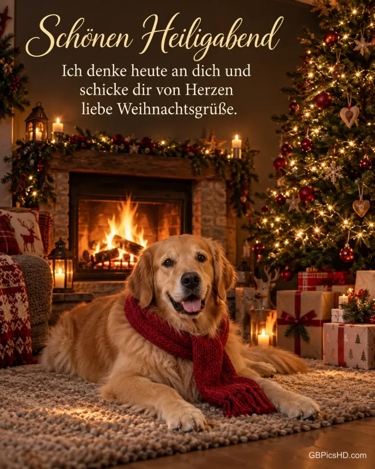 Ein Golden Retriever mit rotem Strickschal liegt vor dem Kamin neben Geschenken und Weihnachtsbaum, dazu "Schönen Heiligabend".