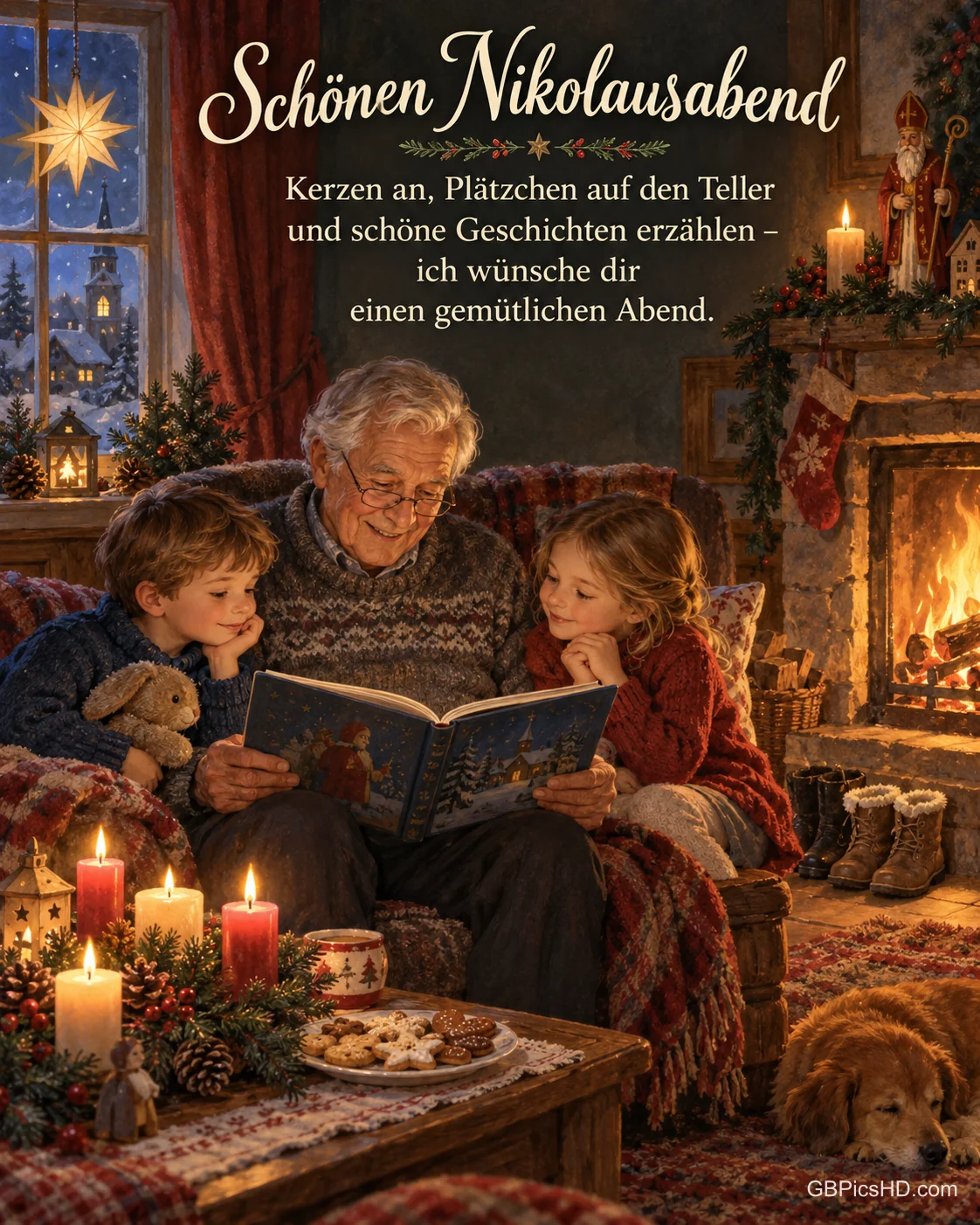 Ein Großvater liest zwei Kindern am Kamin eine Geschichte vor, daneben Plätzchen und kleine Stiefel, dazu "Schönen Nikolausabend".