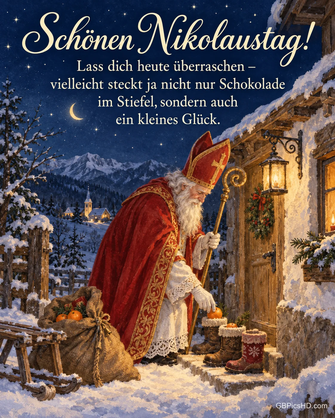 Der Nikolaus mit Mitra steckt nachts im Laternenlicht Mandarinen in kleine Stiefel vor einem verschneiten bayerischen Bauernhaus, dazu „Schönen Nikolaustag!“.
