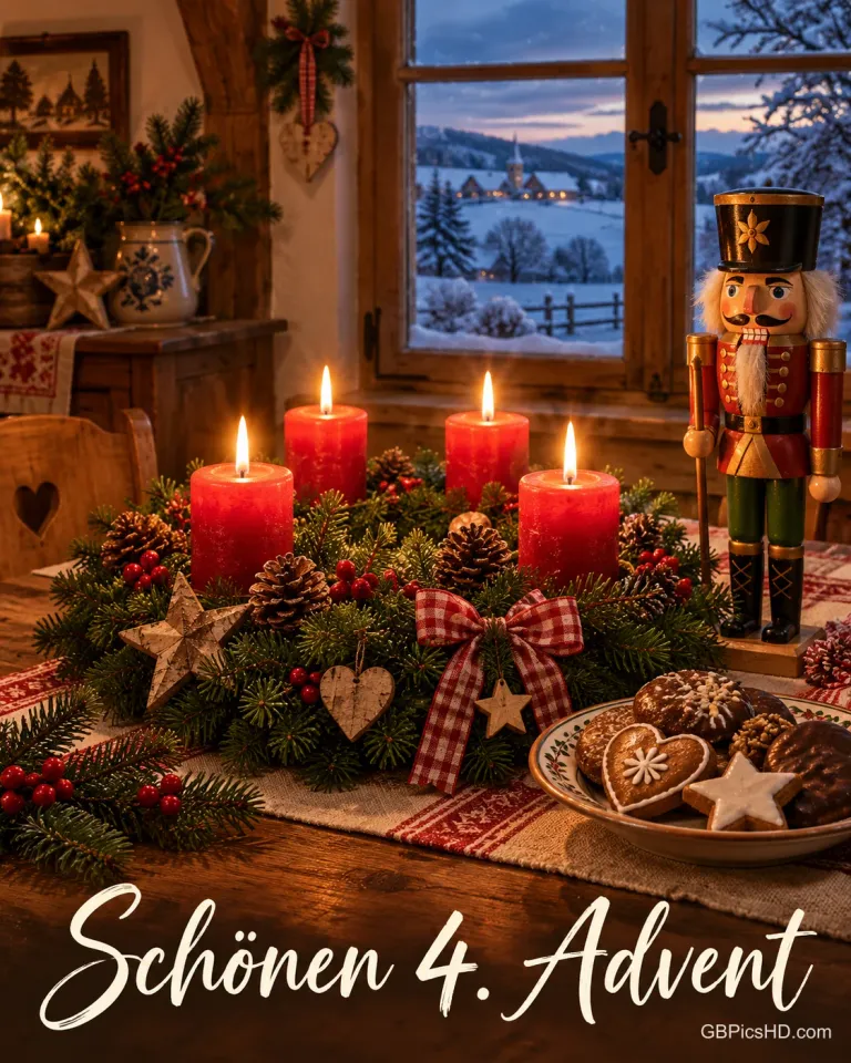 Ein Adventskranz mit vier brennenden Kerzen in einer Bauernstube, daneben Lebkuchen und ein Nussknacker, draußen verschneite Felder, dazu „Schönen 4. Advent“.