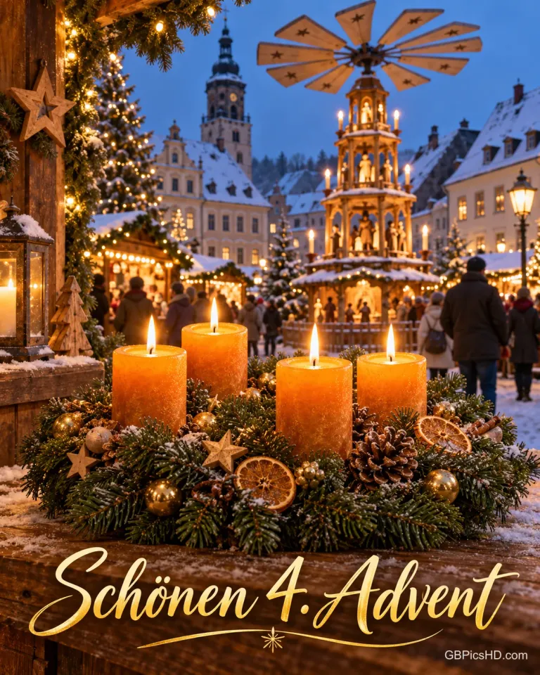 Ein Adventskranz mit vier brennenden Kerzen auf einem Holztresen, dahinter ein verschneiter Weihnachtsmarkt mit großer Weihnachtspyramide, dazu „Schönen 4. Advent“.