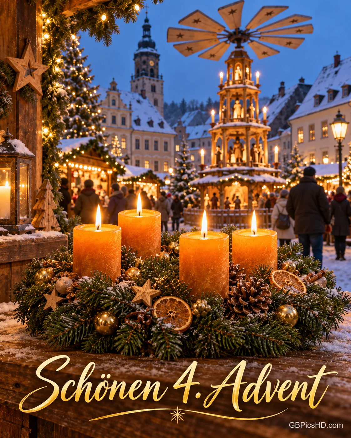 Ein Adventskranz mit vier brennenden Kerzen auf einem Holztresen, dahinter ein verschneiter Weihnachtsmarkt mit großer Weihnachtspyramide, dazu „Schönen 4. Advent“.