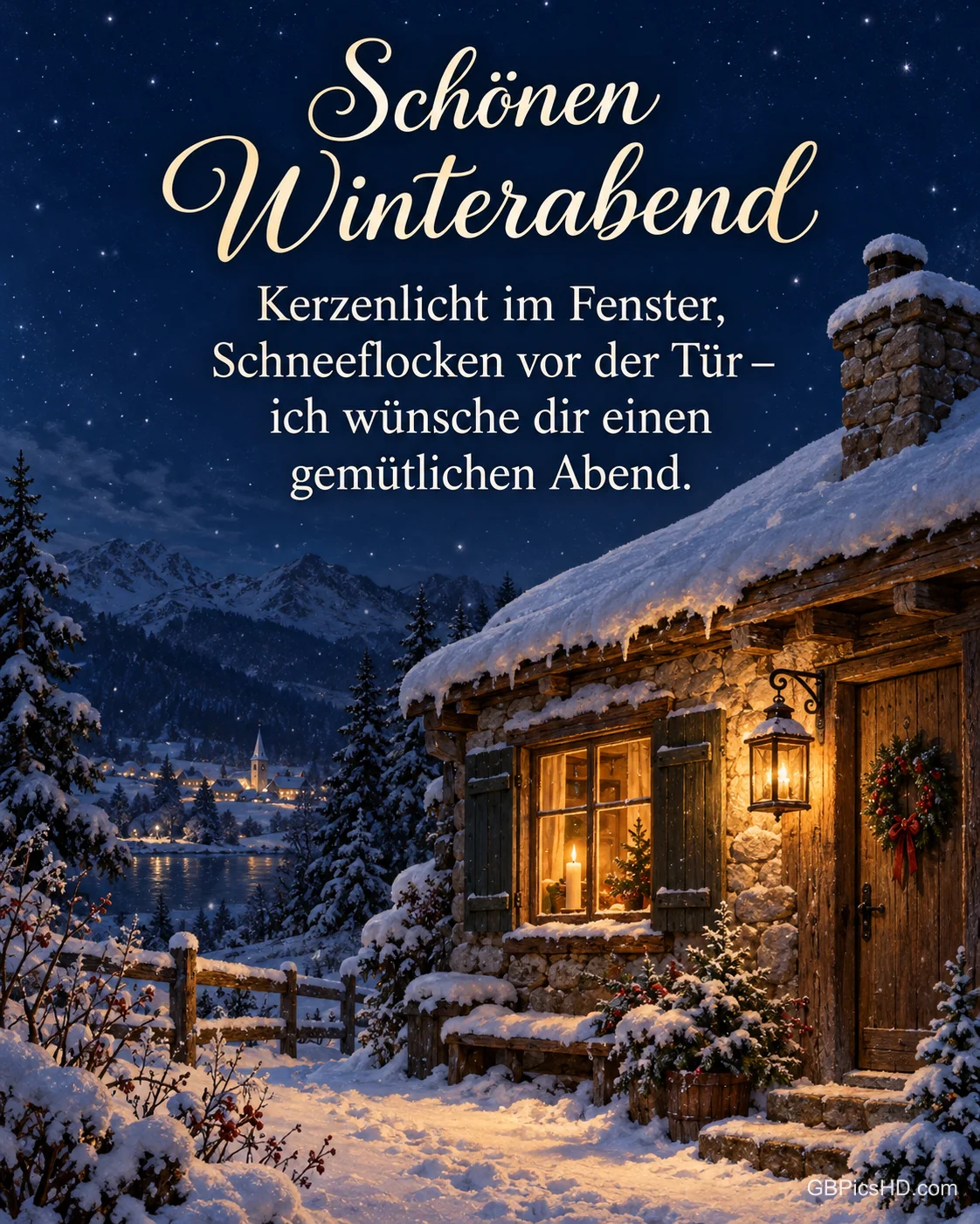 Ein verschneites Häuschen bei Nacht mit Kerzenlicht im Fenster und einer Laterne an der Tür, dazu "Schönen Winterabend".